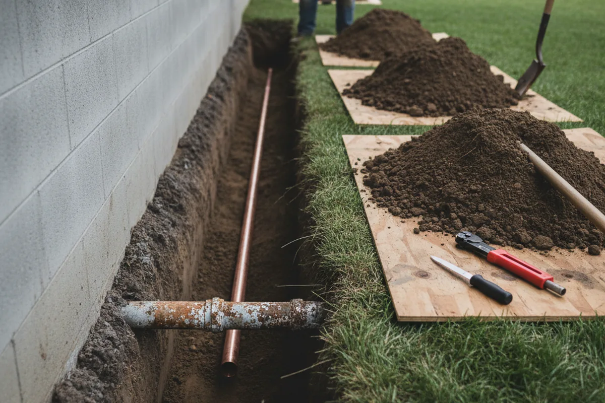 Excavated water line trench during Sewer Line Repair in Belgium